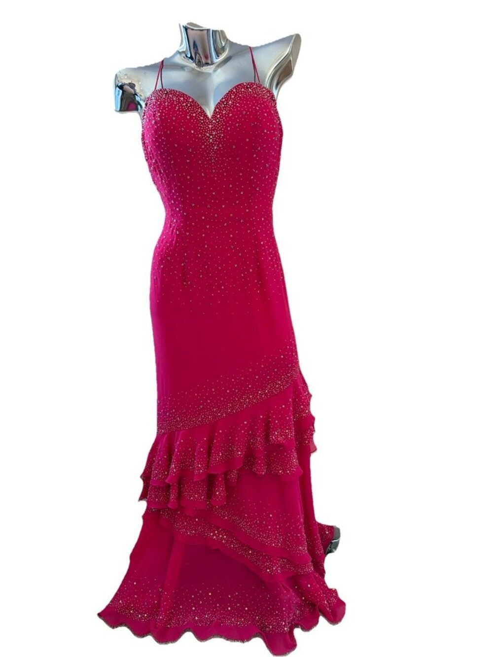 VTG Y2K Marys Sequin Formal Dress Gown Sz 4 Barbie Pink Tiered Wedding Fairy